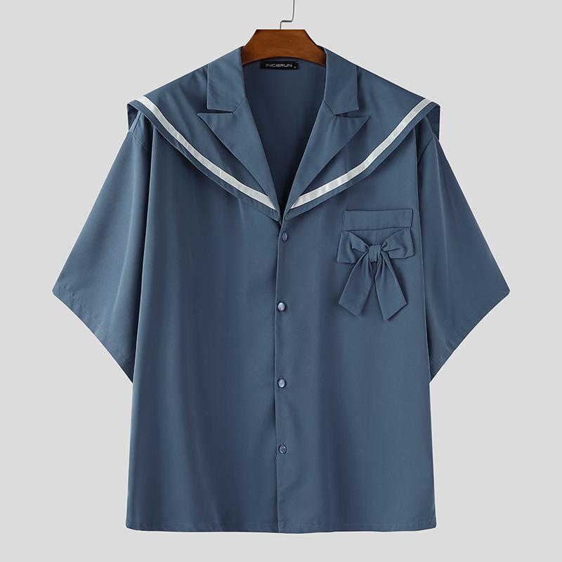 INCERUN Oversized Men Naval Collar Short Sleeve Stitching Casual Loose Shirts Tops