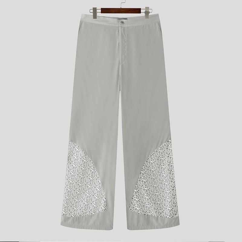 INCERUN Men Zip-up Waist Hollow Mesh Hem Patchwork Long Pants Trousers