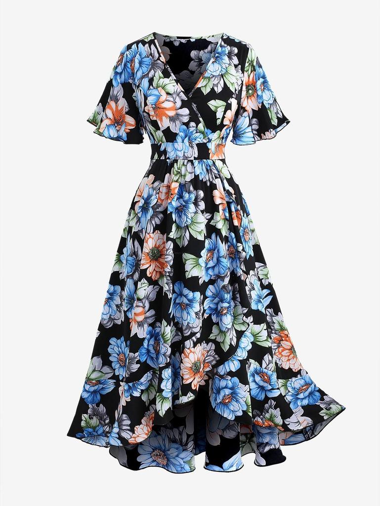 Rosegal Plus Size Colorful Flower Printed Surplice Ruffles A Line Casual Dress