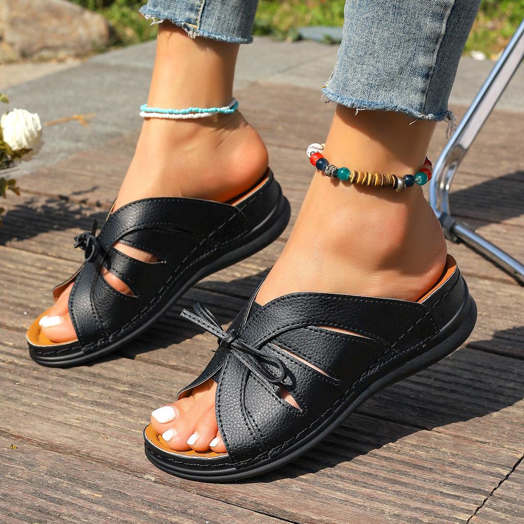 Large Size Bow Flat Bottom Wedge Slippers 2025 New Solid Color Shake Thread Hollow Foreign Trade Fish Mouth Slippers