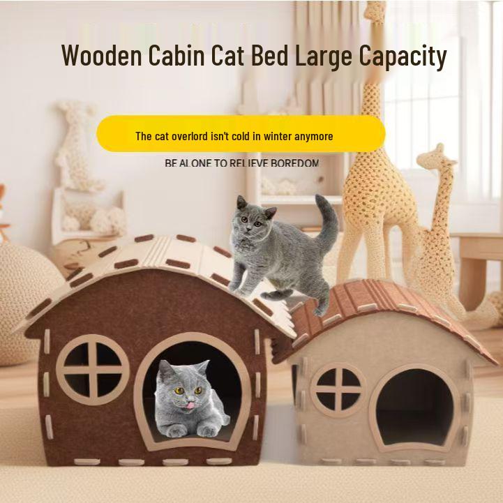 Felt Wood Cat Tunnel Bed: Multi-Functional, Semi-Enclosed, All-Season Cat Bed with Paw Design
