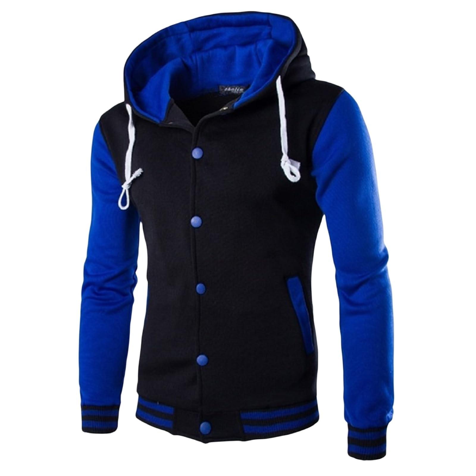 Men s Slim Fit Baseball Jacket Casual Sports Hooded Fleece Lined Button Pullover Sweatshirt With Pocket L