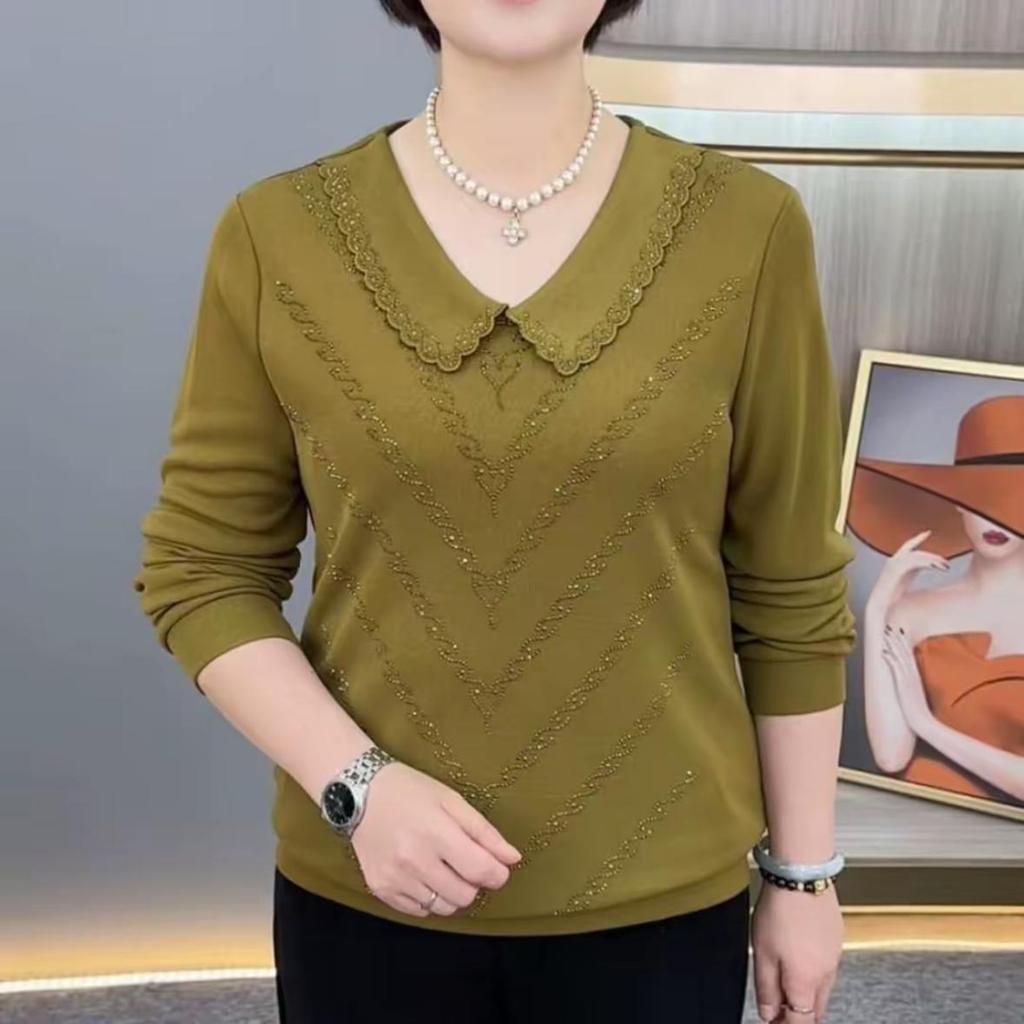 Autumn Chic Long-Sleeve Slimming Rhinestone Doll Collar T-Shirt