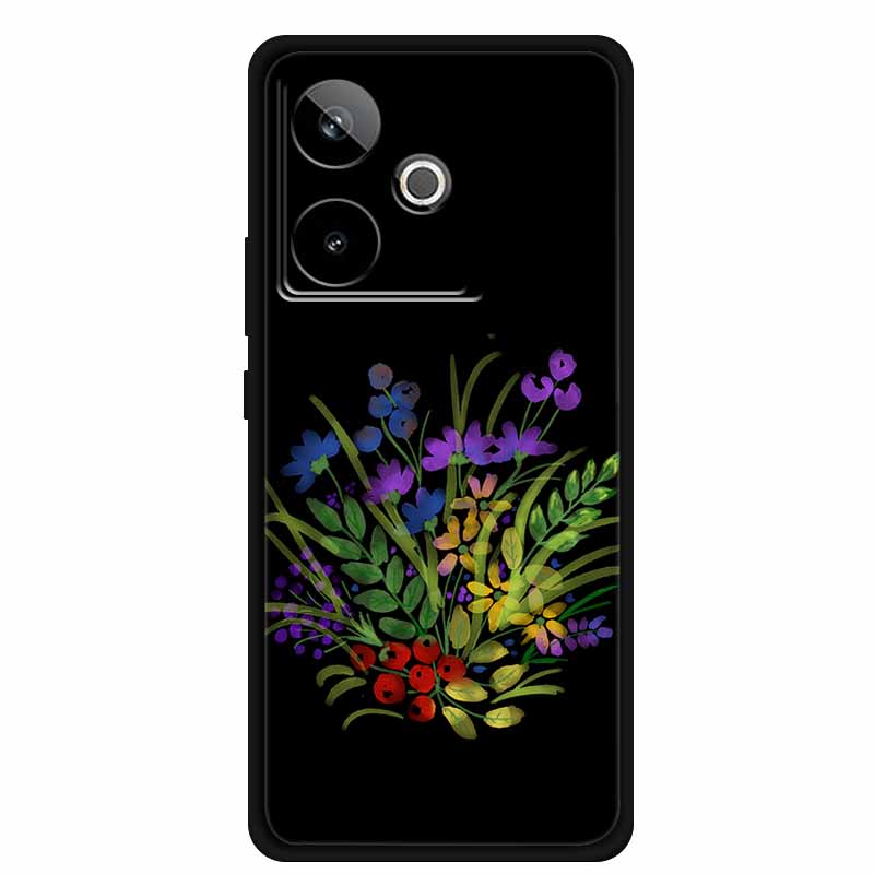 For Realme GT7 GT 7T Case Cute Floral Retro Black Silicone Soft Case Back Cover for Realme GT 7 TPU Funda For Realme GT 7T Coque