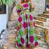 Women's Off Shoulder Short Sleeve Maxi Dress Loose Fit Mid Rise African Print A Line Sundress