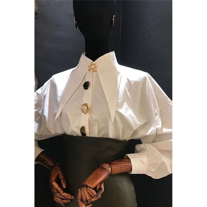 Women's Spring/Fall Elegant Pearl-Buttoned Collared Long-Sleeve Shirt with Single-Breasted Multi-Button Casual Top