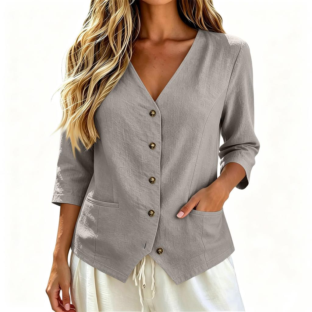 Women's Linen Shirt Button Down Three-Quarter Sleeve Casual Loose Fit with Pockets