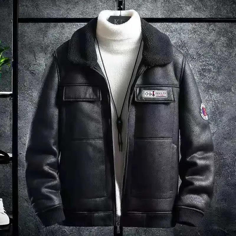 Winter Wildleder Revers Jacke Mantel Herren Fleece Verdickt Warm Hübsch Locker Lässige Jacke Oberteile Herrenbekleidung