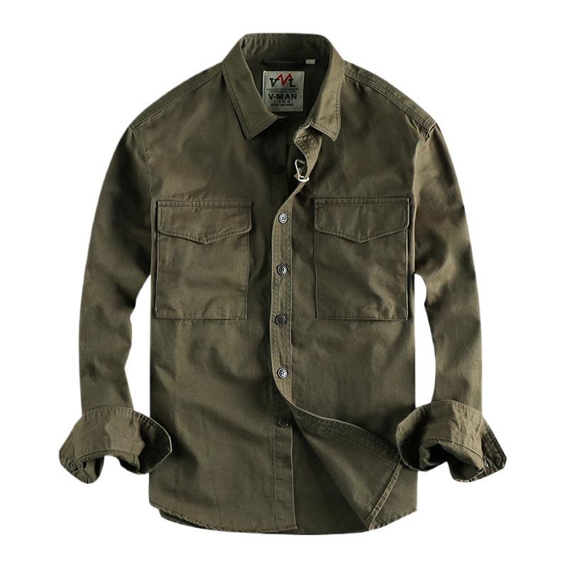 Fashion Solid Color Cotton Wash Long Sleeved Shirt Men's Double Pockets Retro Casual Youth Jacket Thin Coat