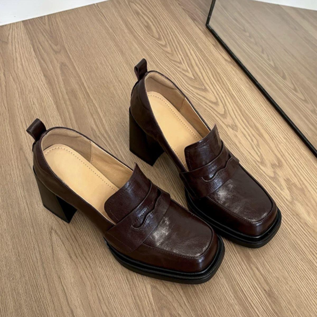 

New Retro Mary Jane Loafers for Women Chunky Heel Thick Sole Square Toe British Style for Adult Women 36
