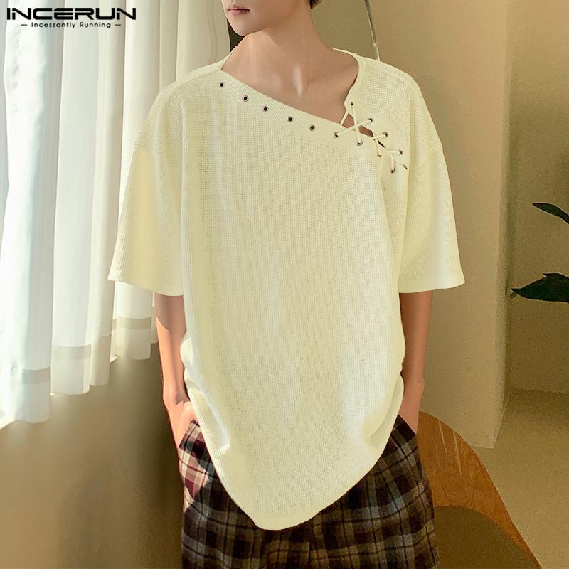 INCERUN Men Short Sleeve Bandage Texture Casual Loose T-shirts Tops