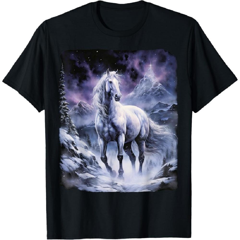 

Beautiful white Horse standing in a snowy hill by night T-Shirt S