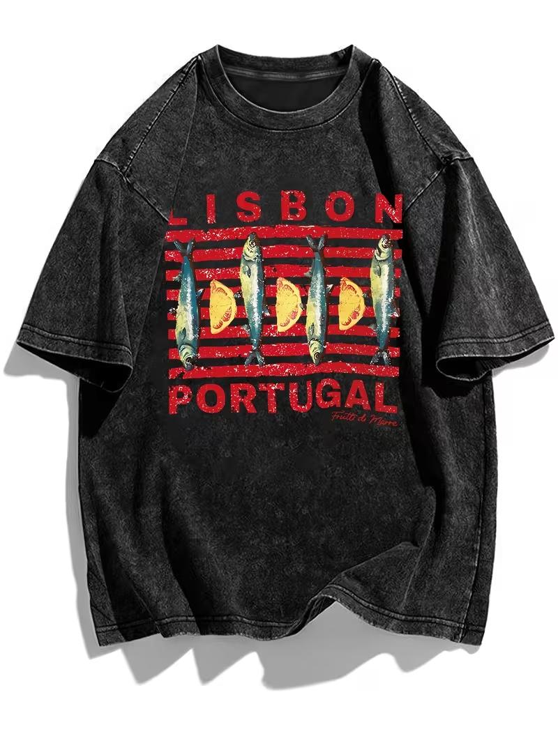 

Womens Fashion Casual Round Neck Tshirt Snow Wash Effect Animal Print LISBON PORTUGAL Slogan Sardine and Lemon Tshirt S