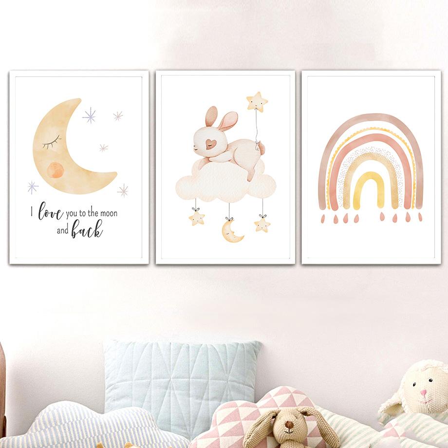 Elefant Kaninchen Katze Sonne Regenbogen Mond Stern Wolke Boho Wandkunst Leinwand Malerei Poster und Drucke Wandbilder Kinderzimmer Dekor