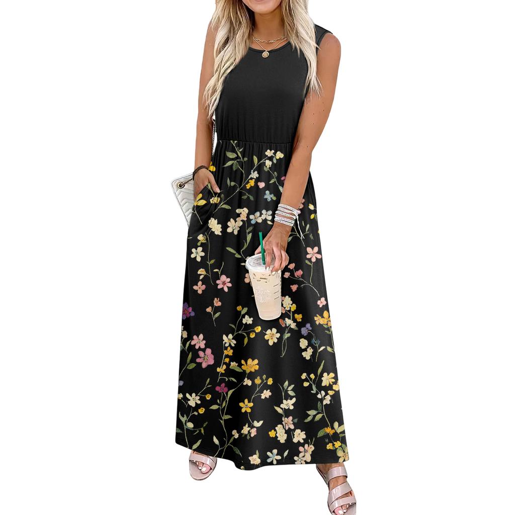 Sleeveless Floral Print Casual Dress for Women Waist Cinched Crew Neck Tank Long Maxi Dress for Daily Wear Vacation