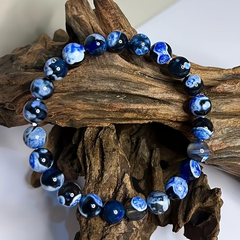 8mm Black, White, and Blue Round Bead Stretch Bracelet, European and American Style Colorful Printed Beaded Bracelet for Men and Women, Suitable for
