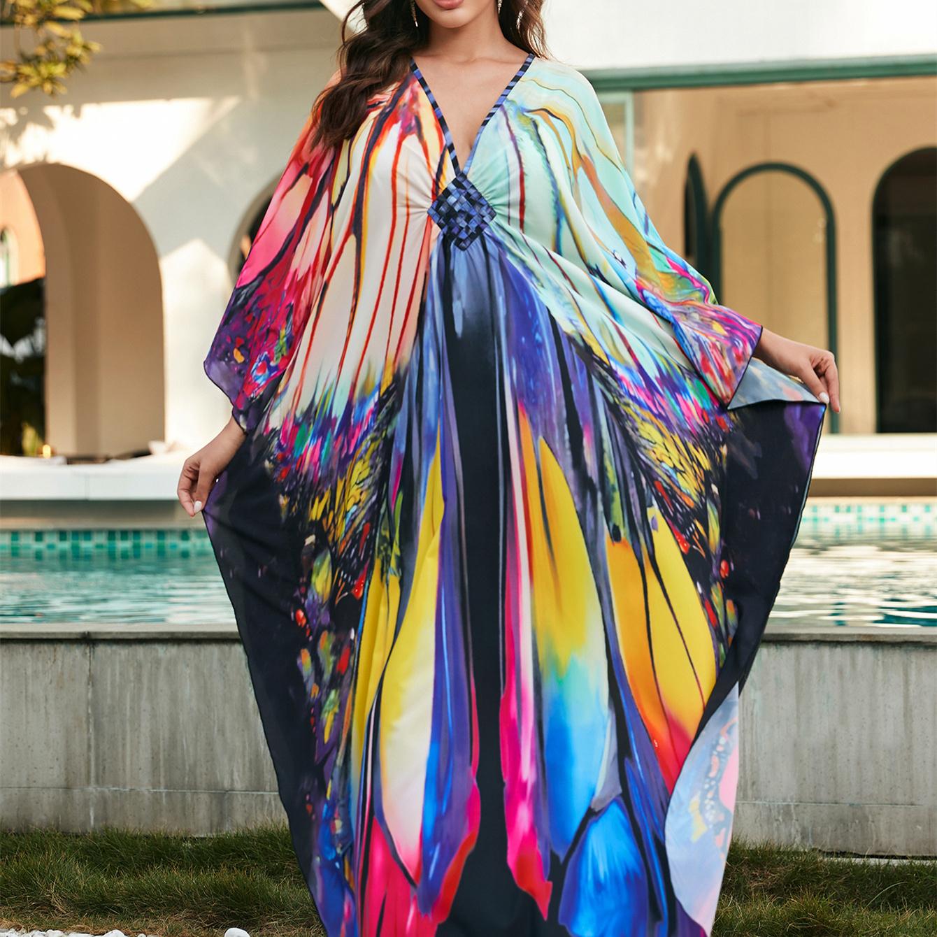 

YYFS женская мода отпуск лето весна принт крыльев бабочки с длинным рукавом v-образным вырезом повседневные платья One Size разноцветный