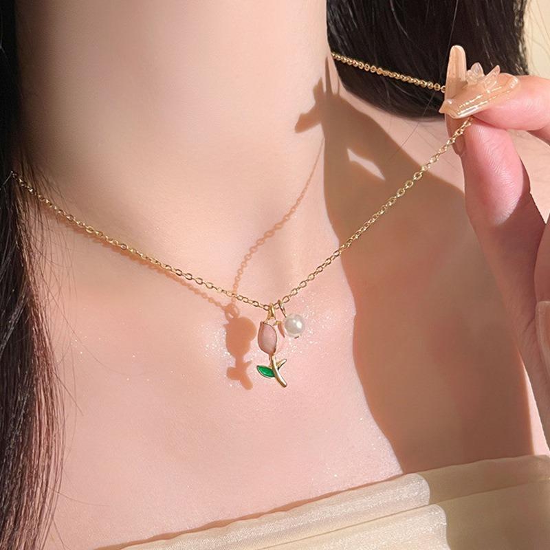 Creative Fashionable Tulip Necklace Elegant Multifunctional Collarbone Pendant Birthday Anniversary Christmas Gift