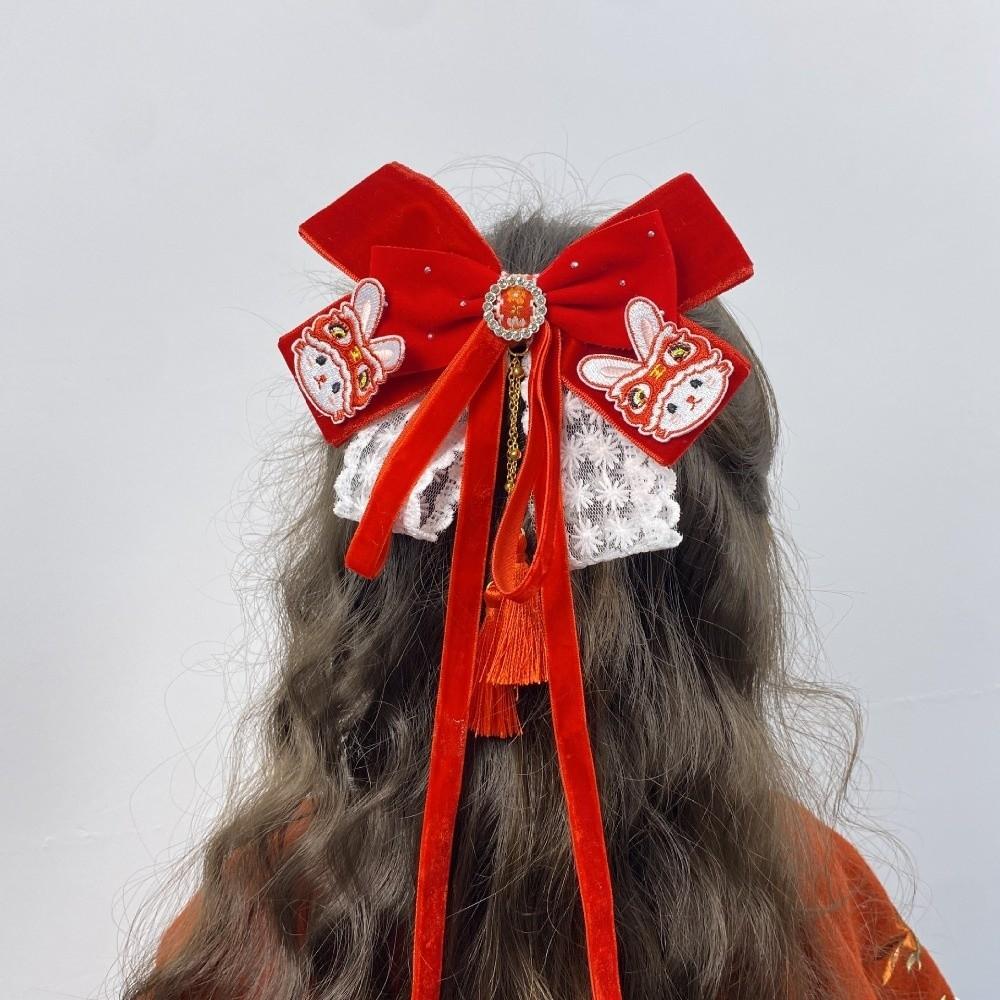 Cute Red Bow Ribbon Hair Clip Tassel Ribbon New Year Hairpin Plush Chienes Style Hanfu Hair Ornamen Braid