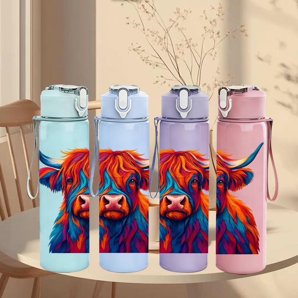 1PC Highland Cow Art Design 750ml Color Plastic Sports Water Bottle Leakproof Flip Straw Lid Suitable for Sports Office Home Use