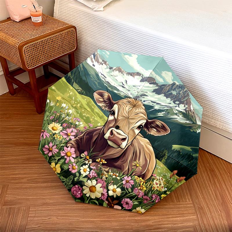 

1 шт. Автоматический складной зонт - Узор Корова в цветах , Портативный и складной дизайн с 8 спицами, Рождественские и Новогодние подарки разноцветный