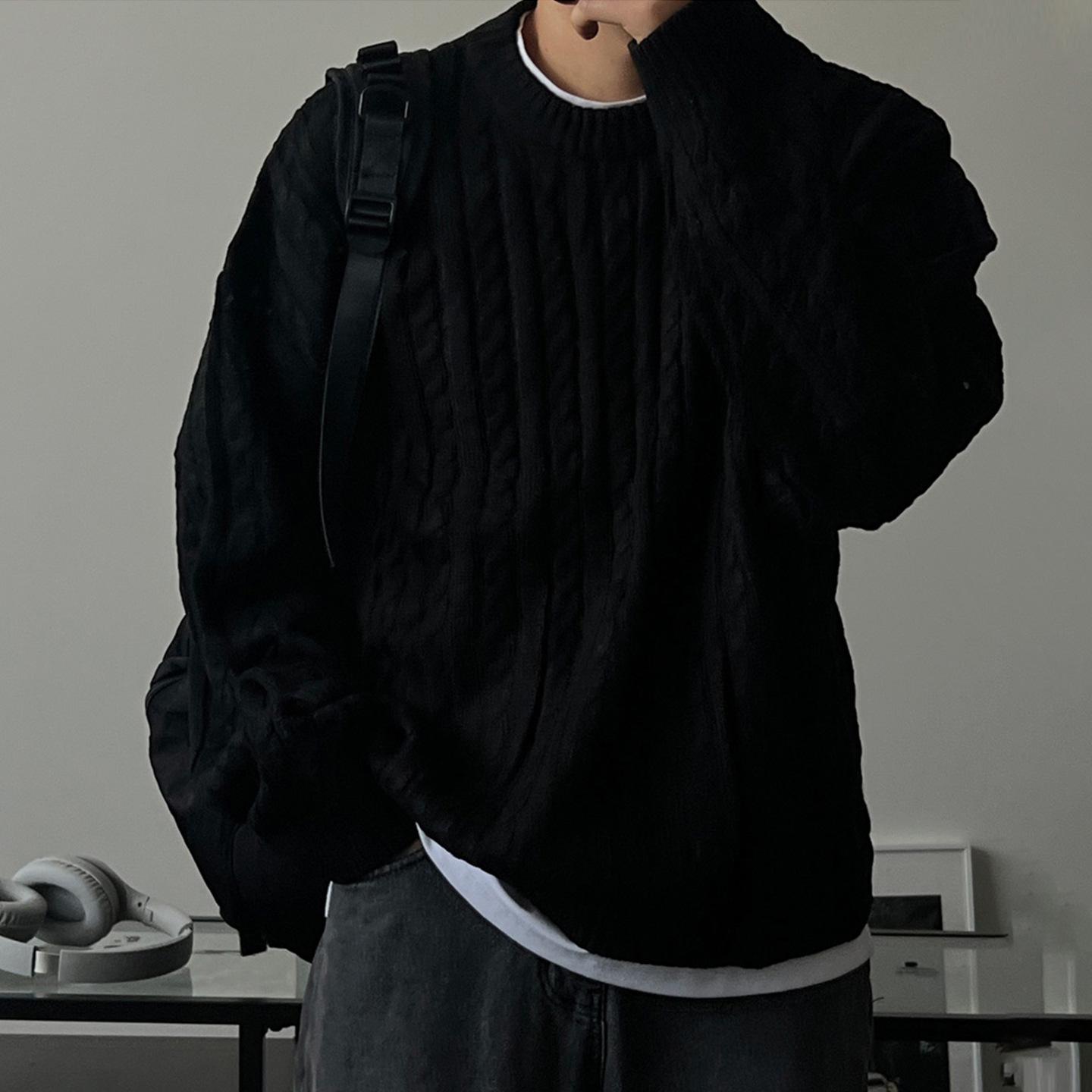 

Men s Korean Style Black Cable Knit Drop Shoulder Sweater, Wool Thickened Round Neck Knitwear Extra Large чорний