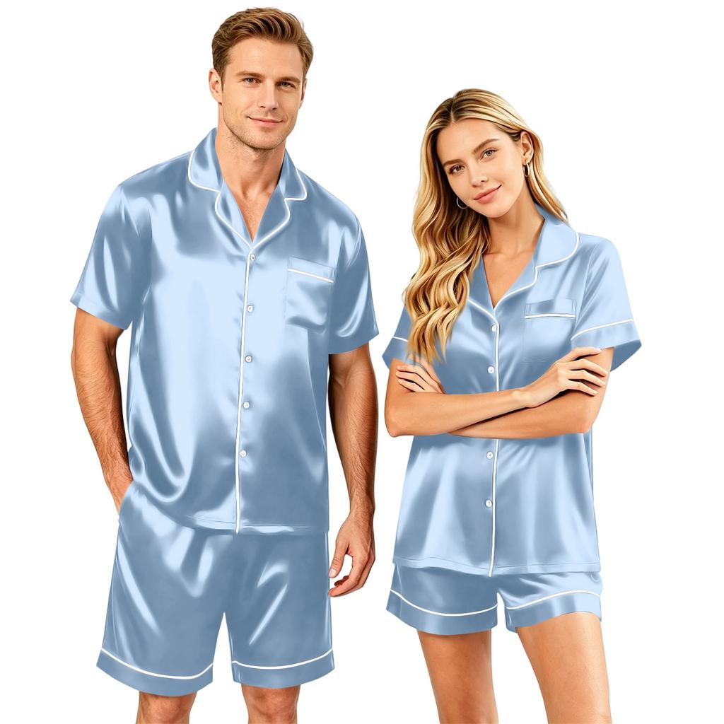 Couples Satin Pajama Set Short Sleeve Button Down Shirt and Shorts Sleepwear Soft Lightweight Loungewear S-XXXXL