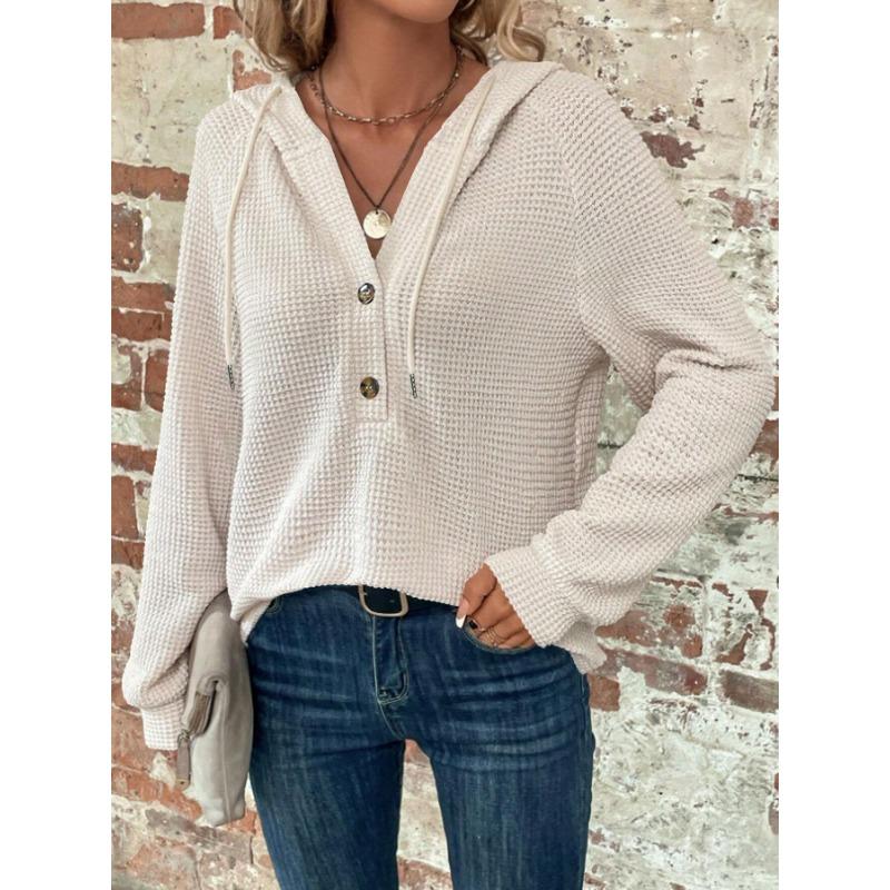 Women S Solid Color Hooded Buttoned Long Sleeve Sweatshirt