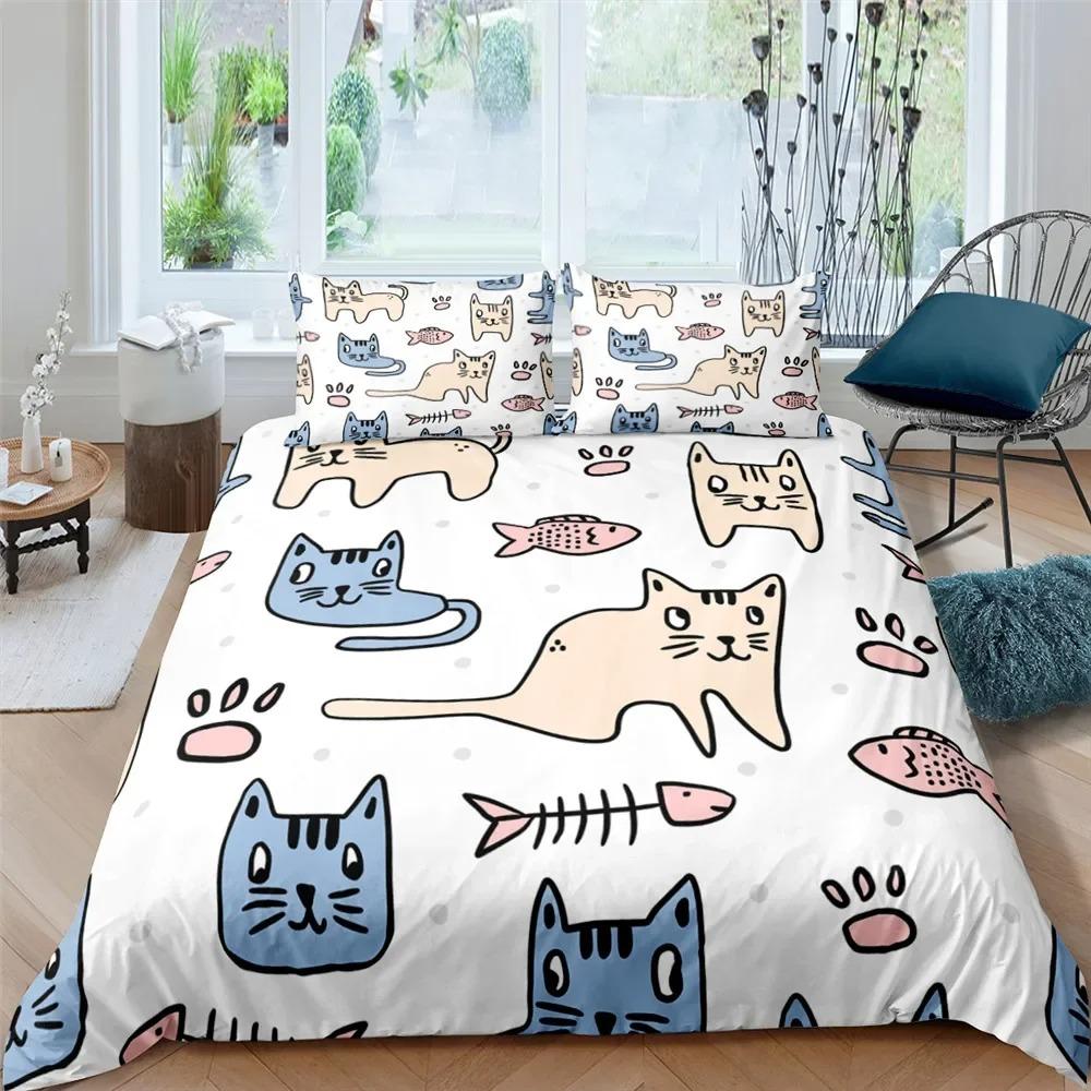 Conjunto de cama de gato de desenho animado infantil Kawaii Kitty Capa de edredom colorida para animais de estimação Capa de edredom King Twin Queen Capa de edredom de poliéster