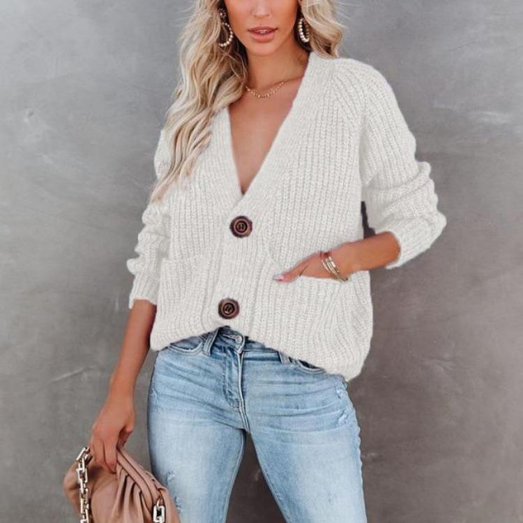V-Ausschnitt Uni Cardigan Pullover Jacke mit langen Ärmeln für Herbst und Winter Einreiher Oberteil
