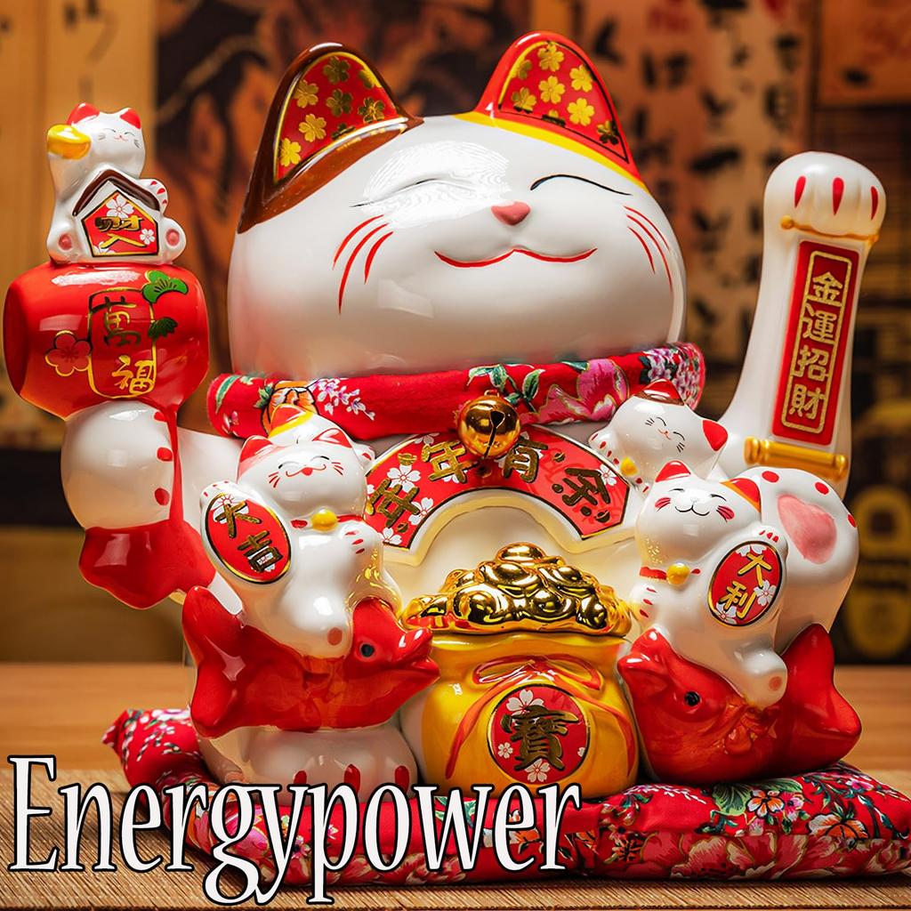 EnergyPower Electric Maneki Neko White Porcelain Large Premium Model with Cushion Porcelain Maneki Neko Handmade Cutely Beckons Cat Cat Cat For