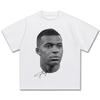 Tricou Casual Bumbac cu Mânecă Scurtă Alb Clasicul Portret Alb-Negru cu Semnătură Star de Fotbal Kylian Mbappé Grafic