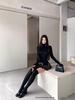 Women's Black High Neck Slim-Fit Brushed T-Shirt, Long Sleeve, Stretchy Inner Layer for Autumn/Winter.