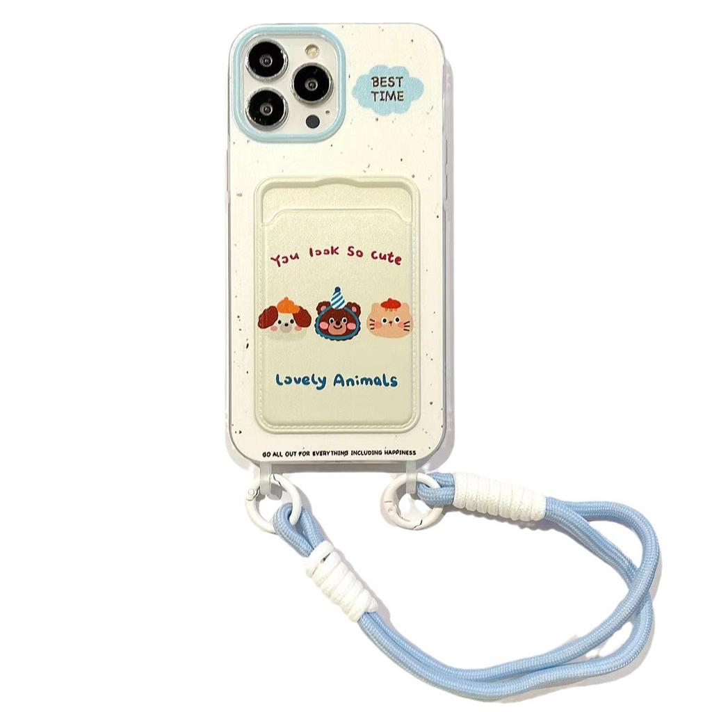 Three Animal Lanyard In English Apple 16promax15 Phone Case  Iphone14 Protective Case  Creative Cartoon