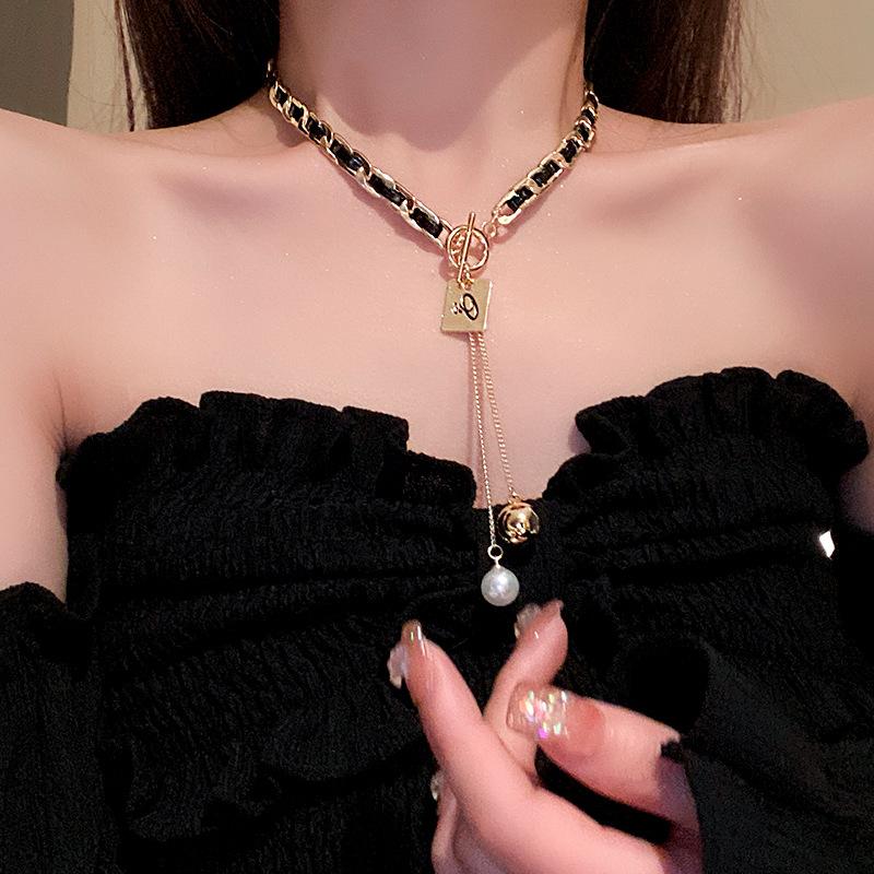 Leather Wrapped Alphabet Square Pearl Tassel Necklace French Light Luxury Premium Clavicle Chain Fashion New Jewelry