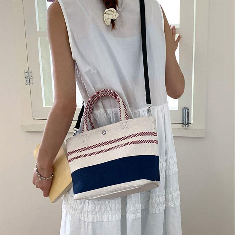 Blue White Striped Stripe Canvas Bag Large Capacity Lunch Bag Portable Weave Handbag  Outdoor