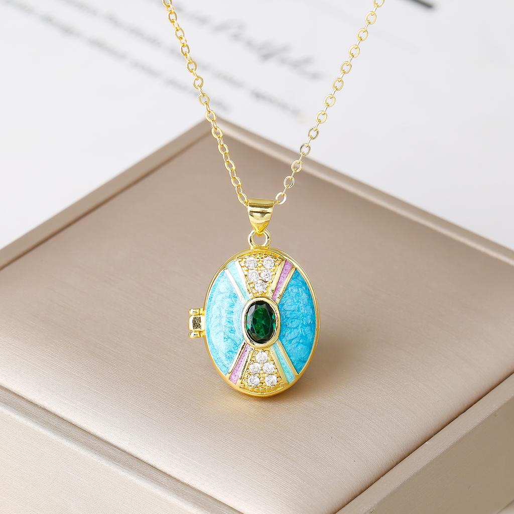 Gold-Plated Photo Box with Green Crystal Enamel Art Oval Pendant O-Chain Necklace New Fashion Women's Jewelry Holiday Party Gift