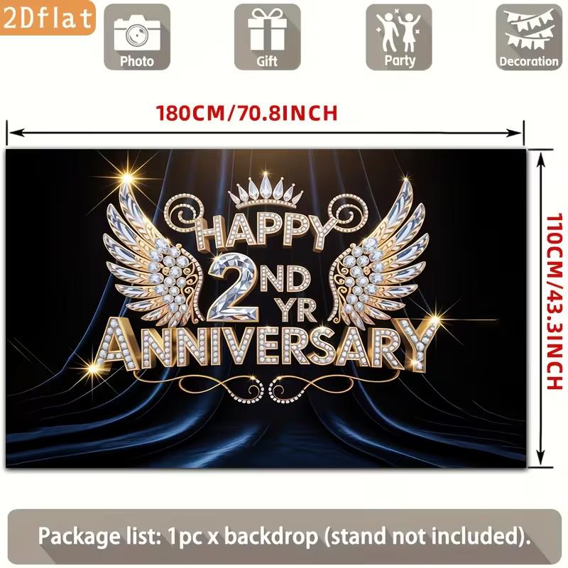 2D 2nd Anniversary Photography Backdrop Black Background with Diamond Wings and Crown