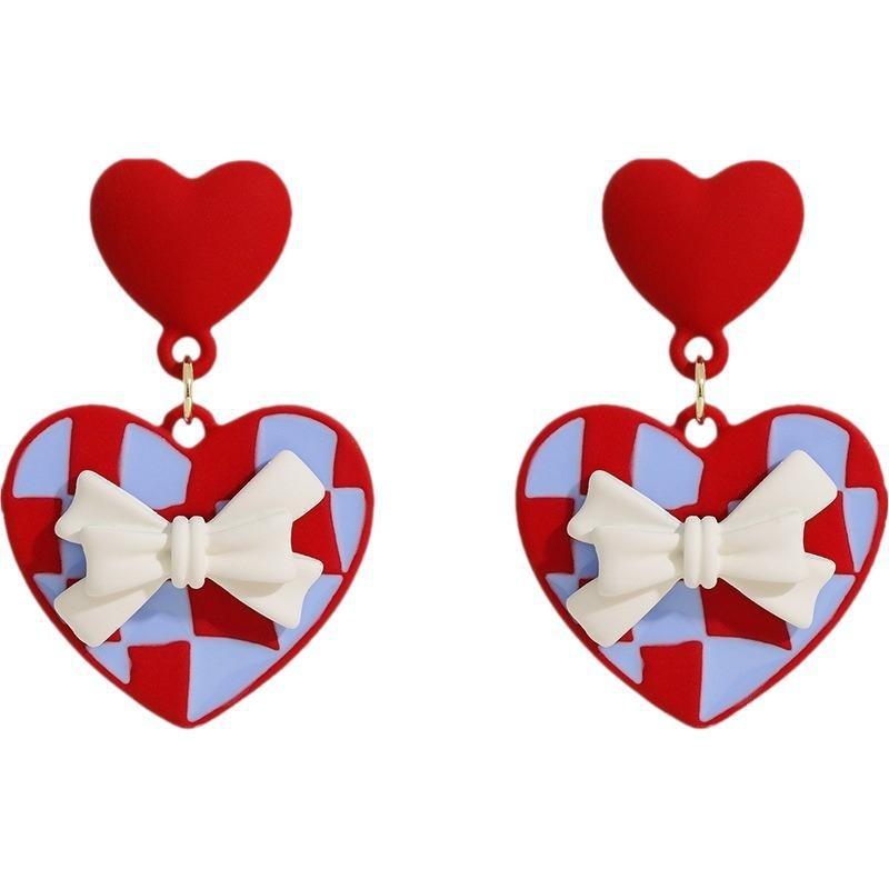 Red peach heart rhombus earrings niche gentle white bow stud earrings unique design Valentine's Day women's earrings