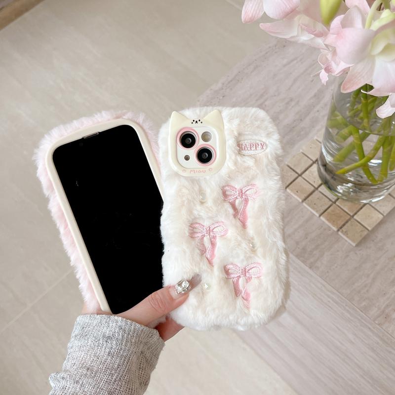 Soft Fluffy Plush bowknot Star Cat Ears 3D Pearl Phone Case For iPhone 17 Air 14 15 16 Plus 13 Pro Max 11 12 Warm Winter  Cover  Embroidery