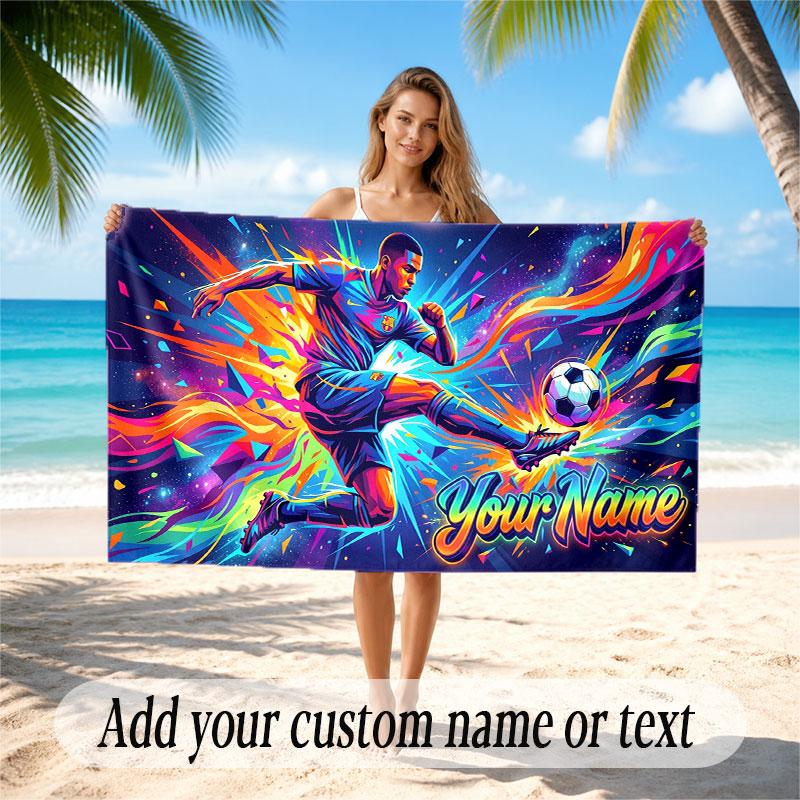 Soccer Theme Beach Towel Personalized Custom Name & Text Soft Quick Dry Beach Towel for Swimming Travel