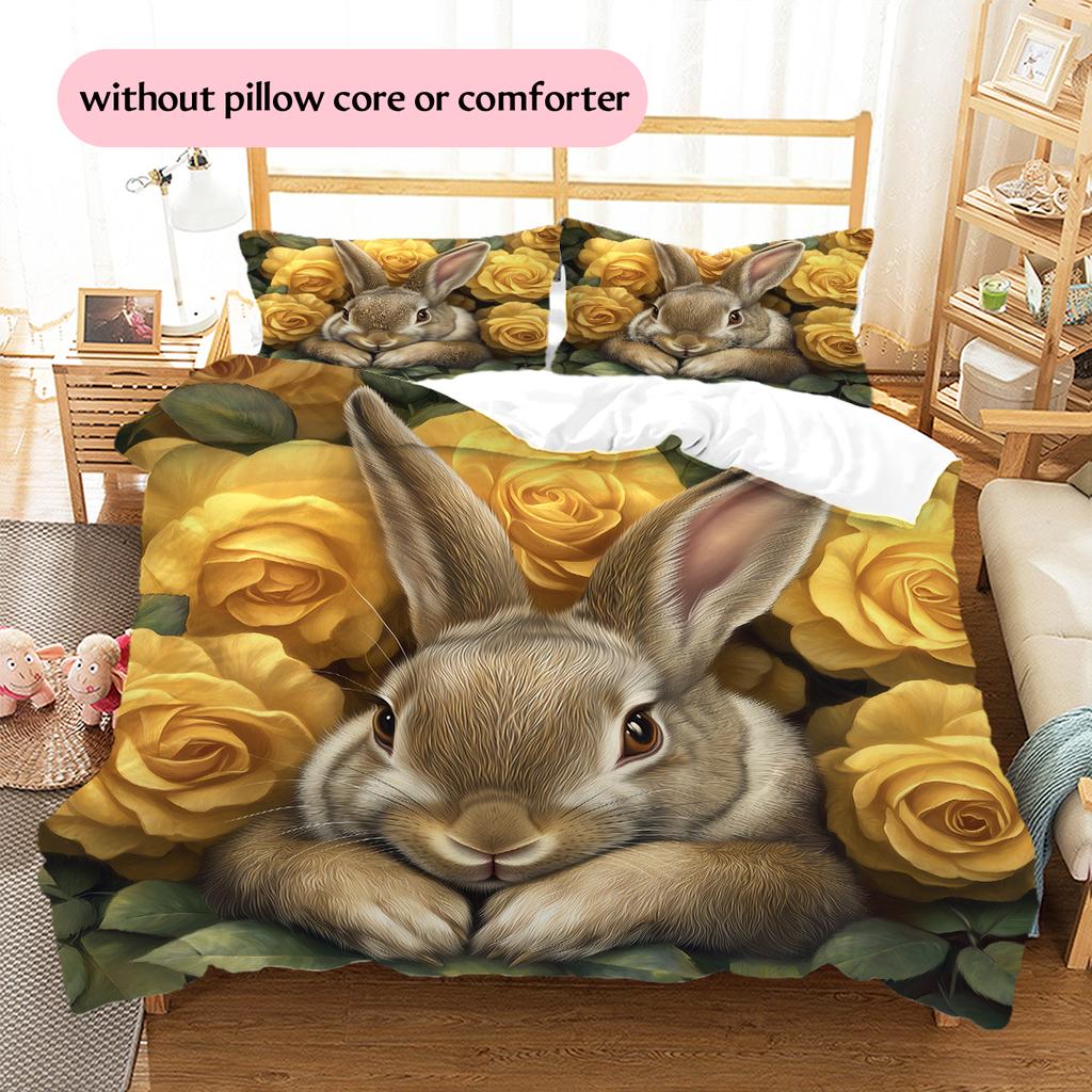 Kaninchen und Frische Blumen Muster Bettwäsche Heimdekoration Geburtstagsgeschenk (1 Bettbezug + 2 Kissenbezüge, ohne Füllung)
