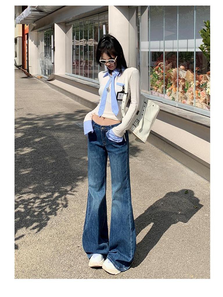 Women's Retro Blue and Gray Low-Waist Flared Jeans, Spring 2026 Collection - Stretch, Slimming, Lengthening Style