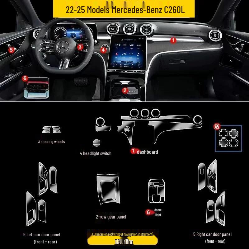 Fits 22-25 Mercedes-Benz C260L/C200L - Interior Center Console & Navigation Screen Protector Transparent TPU Film