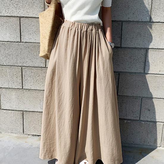 Women Pants Solid Color Side Pockets Temperament Elastic Waist Wide Leg Trousers Streetwear