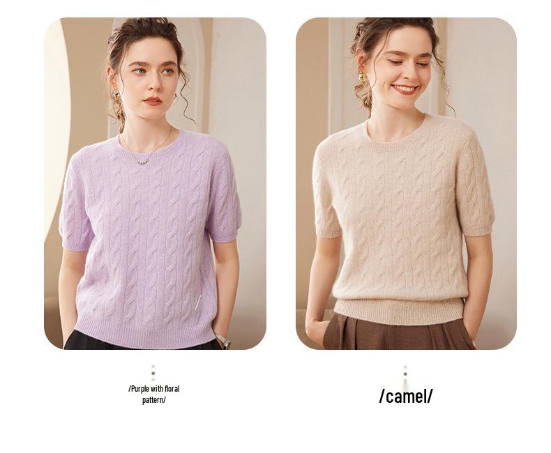 Women's Yellow Cable Knit Cashmere Short-Sleeve Sweater - Autumn/Winter Round Neck Pullover