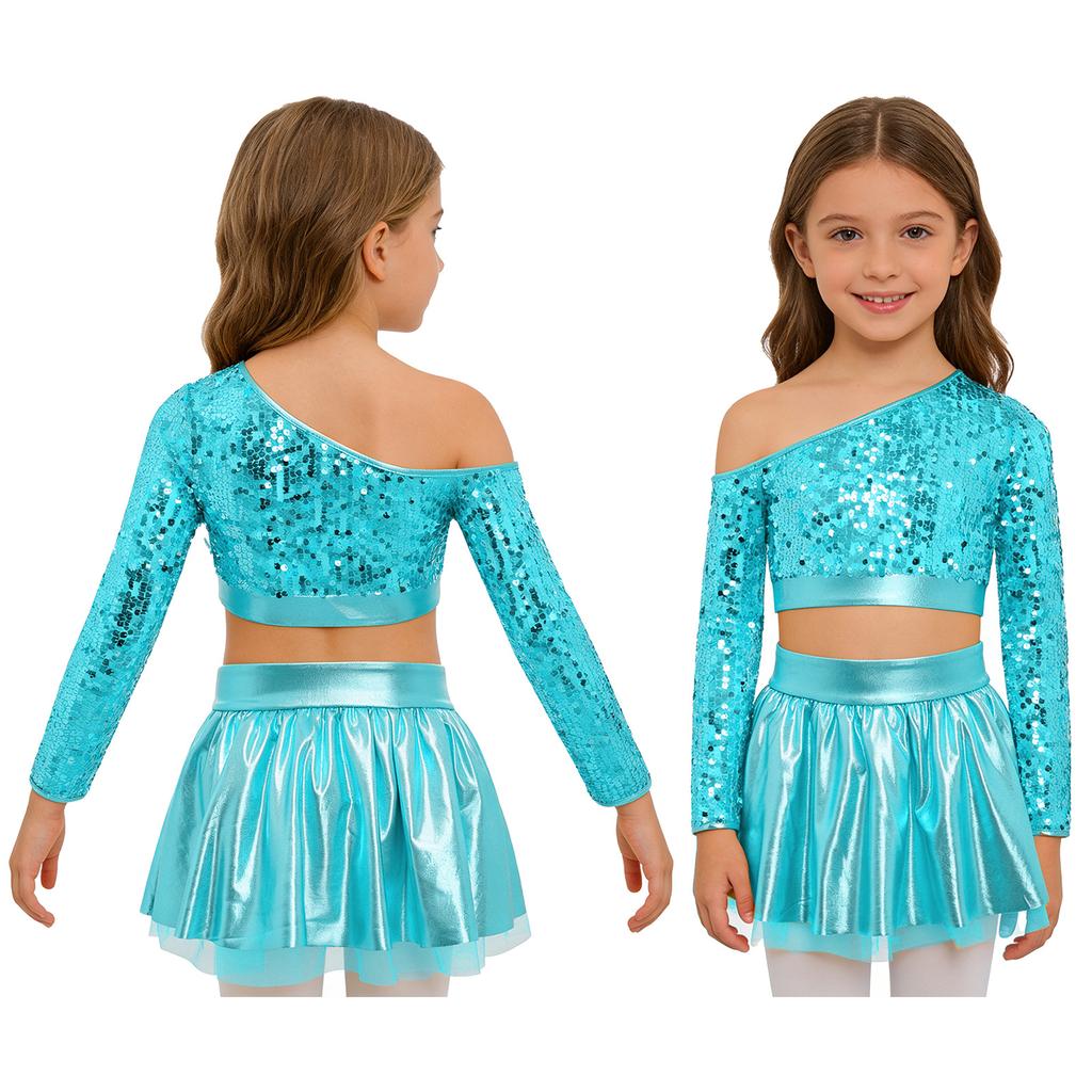 Kids Girls Jazz Dance Costume One Shoulder Long Sleeve Sequins Top with Elastic Waistband Metallic Tutu Skirt for Performance Competition