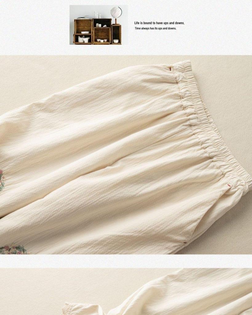 Women's Summer Cotton Linen Embroidered Harem Pants with Artistic Lace Stitching – Casual Nine-Point Bloomers