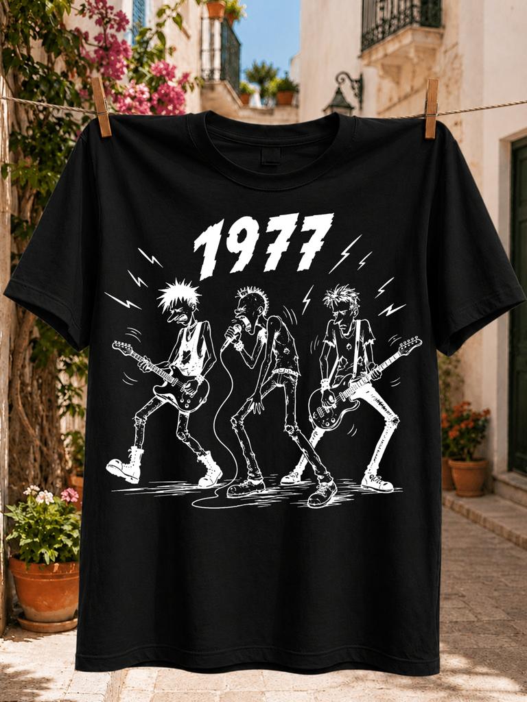 1977 Text and Sketch Punk Rock Trio Singer Two Guitarists and Lightning Graphic Tee Unisex All Unisex All TShirt