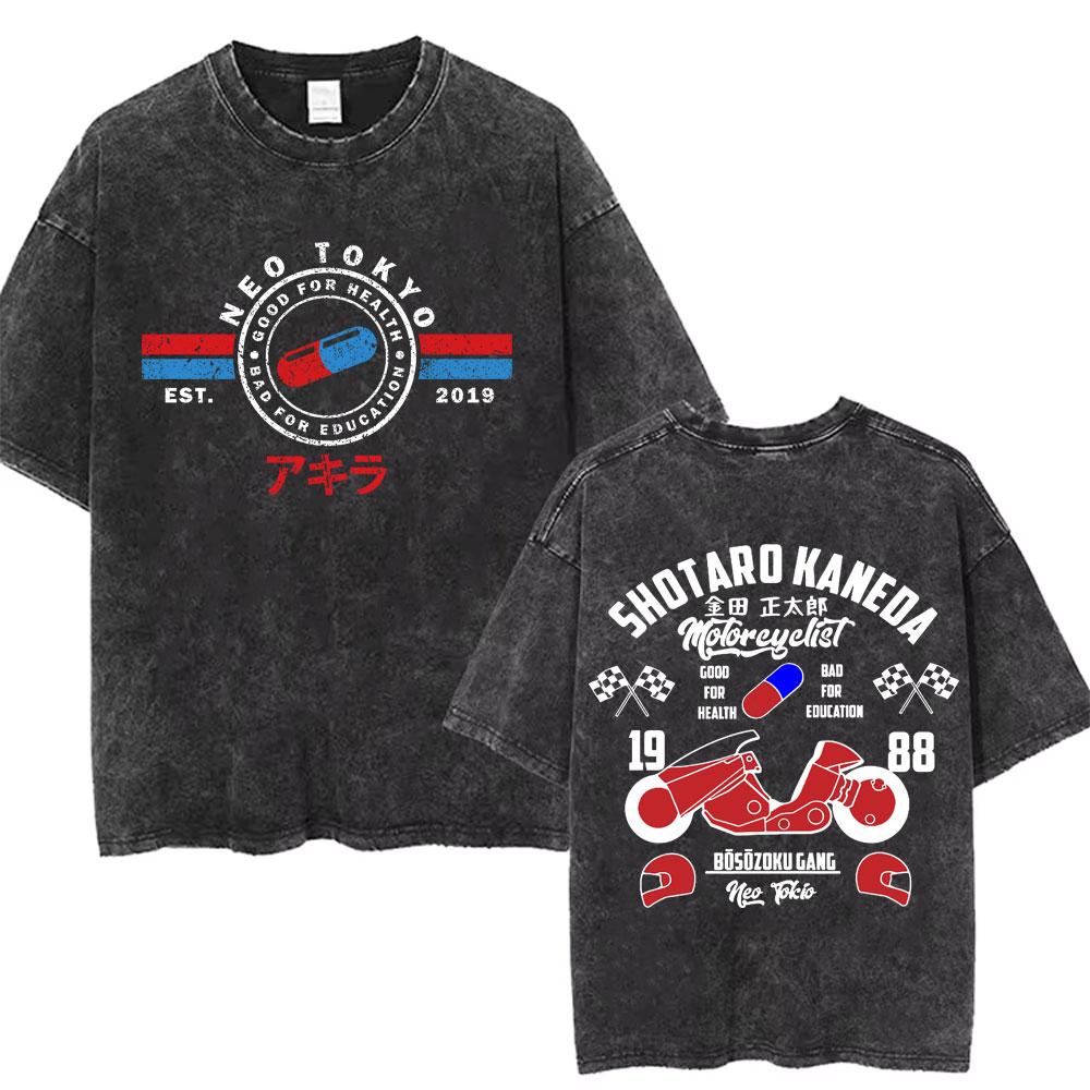 Washed Vintage Anime Akira T Shirts Japanese Science Fiction Cartoon Movie Shotaro Kaneda Tshirt Mens Manga Oversized Tshirts